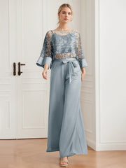 2 Pieces Chiffon Scoop Mother Of The Bride Pantsuits With Lace Appliques Sequins