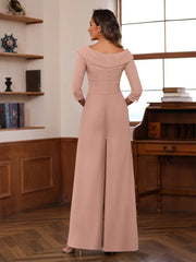 Ruched Chiffon V Neck 3 4 Sleeves Mother Of The Jumpsuit