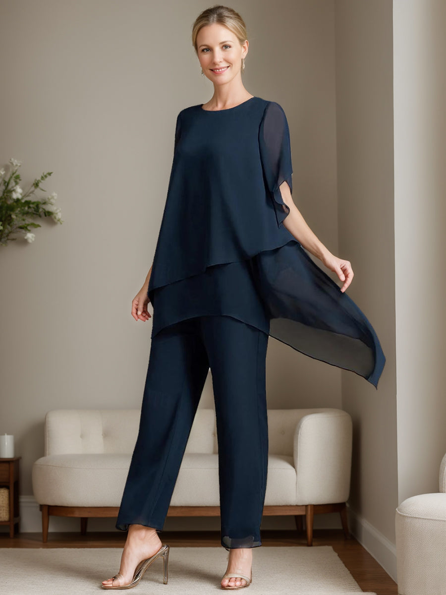 2 Pieces Chiffon Elegant Round Neck Mother Of The Bride Pantsuits With Ruffles
