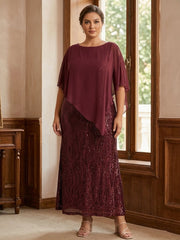 A-Line/Princess Scoop Half Sleeves Ankle-Length Sequined Plus Size Mother of e Bride Dresses with Wrap