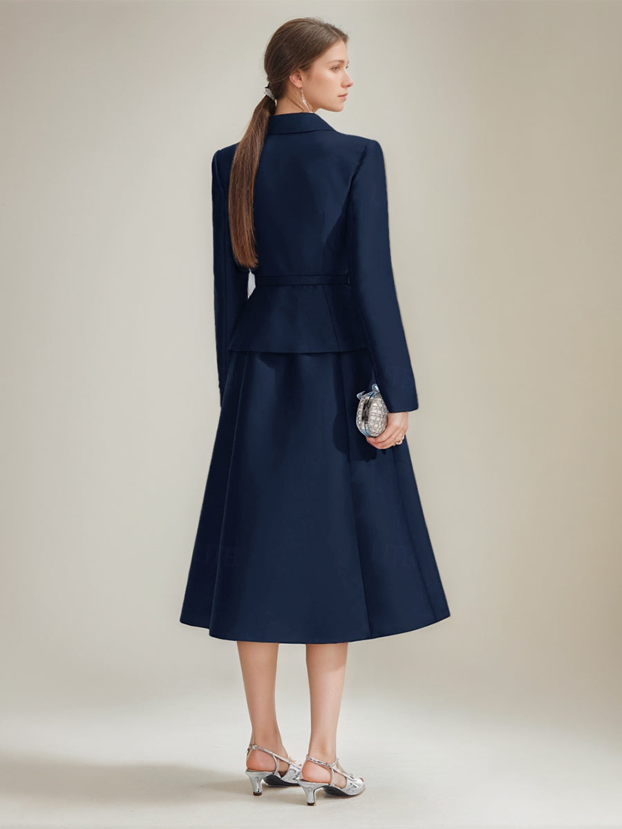 A Line Princess V Neck Long Sleeves Tea Length Mother Of The Bride Groom Dresses With Belt