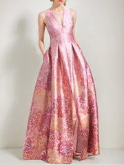 A Line Princess V Neck Sleeveless Printed Floral Mother Of The Bride Groom Dresses With High Split Pocket