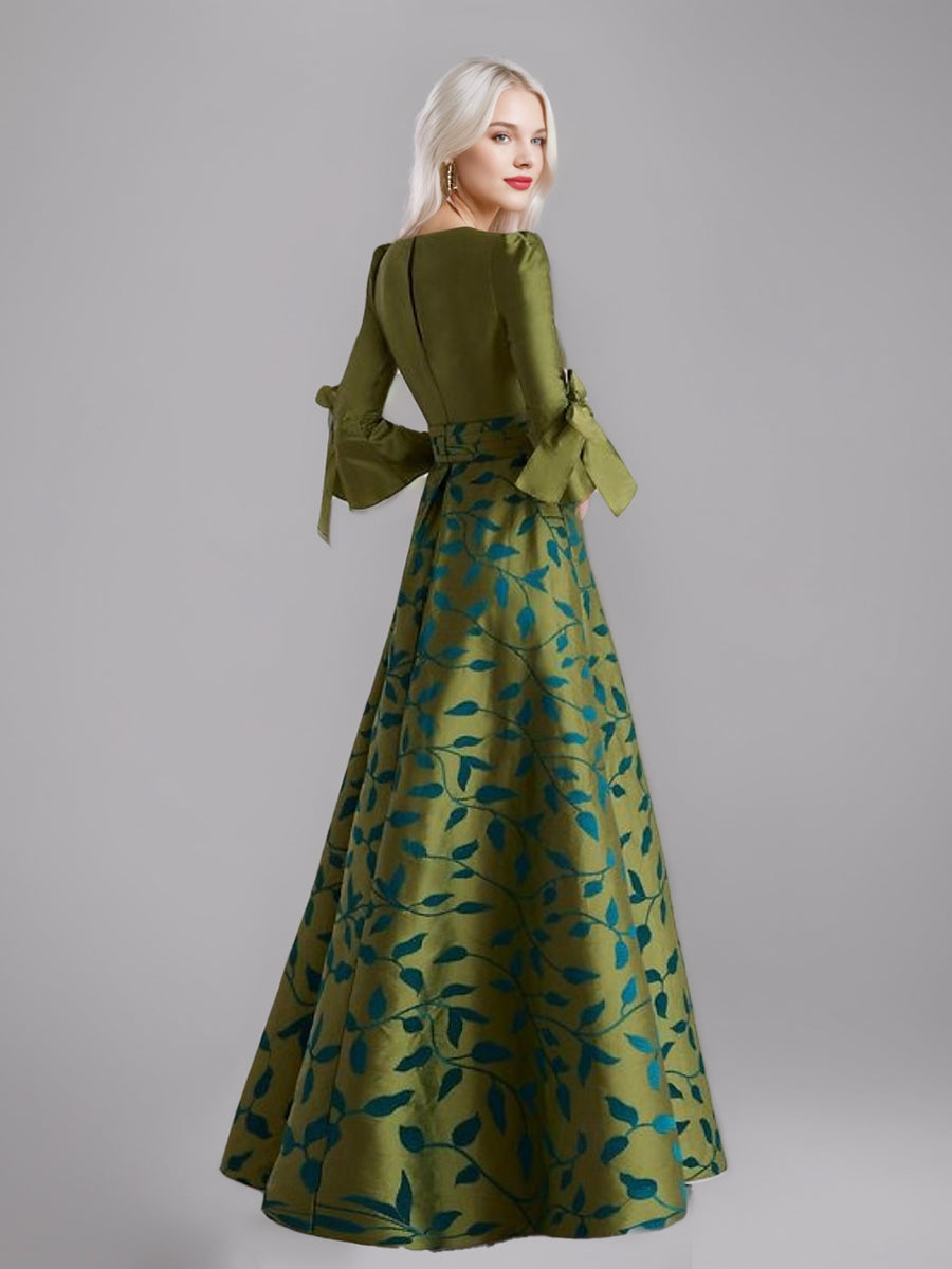 A Line Princess 3 4 Sleeves Printed Leaves Mother Of The Bride Dresses With Split Side Belt Ruffles