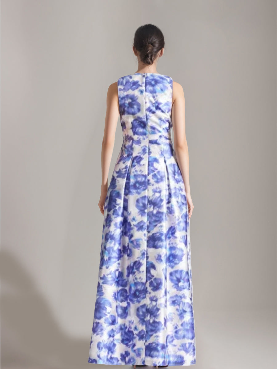 A Line Princess V Neck Floor Length Printed Floral Elegant Mother Of The Bride Groom Dresses With High Split Pleats