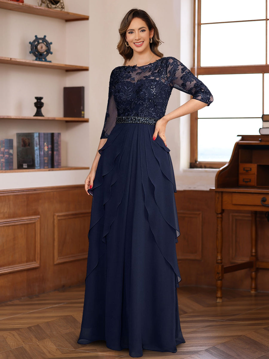 A Line Princess 3 4 Sleeves Floor Length Elegant Mother Of The Bride Groom Dresses With Lace Appliques Ruffles