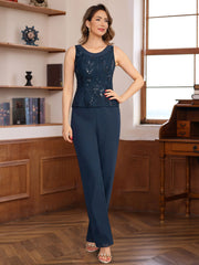3 Pieces Chiffon Round Neck Floor Length Mother Of The Bride Pantsuits With Sequins