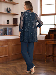 3 Pieces Chiffon Round Neck Floor Length Mother Of The Bride Pantsuits With Sequins