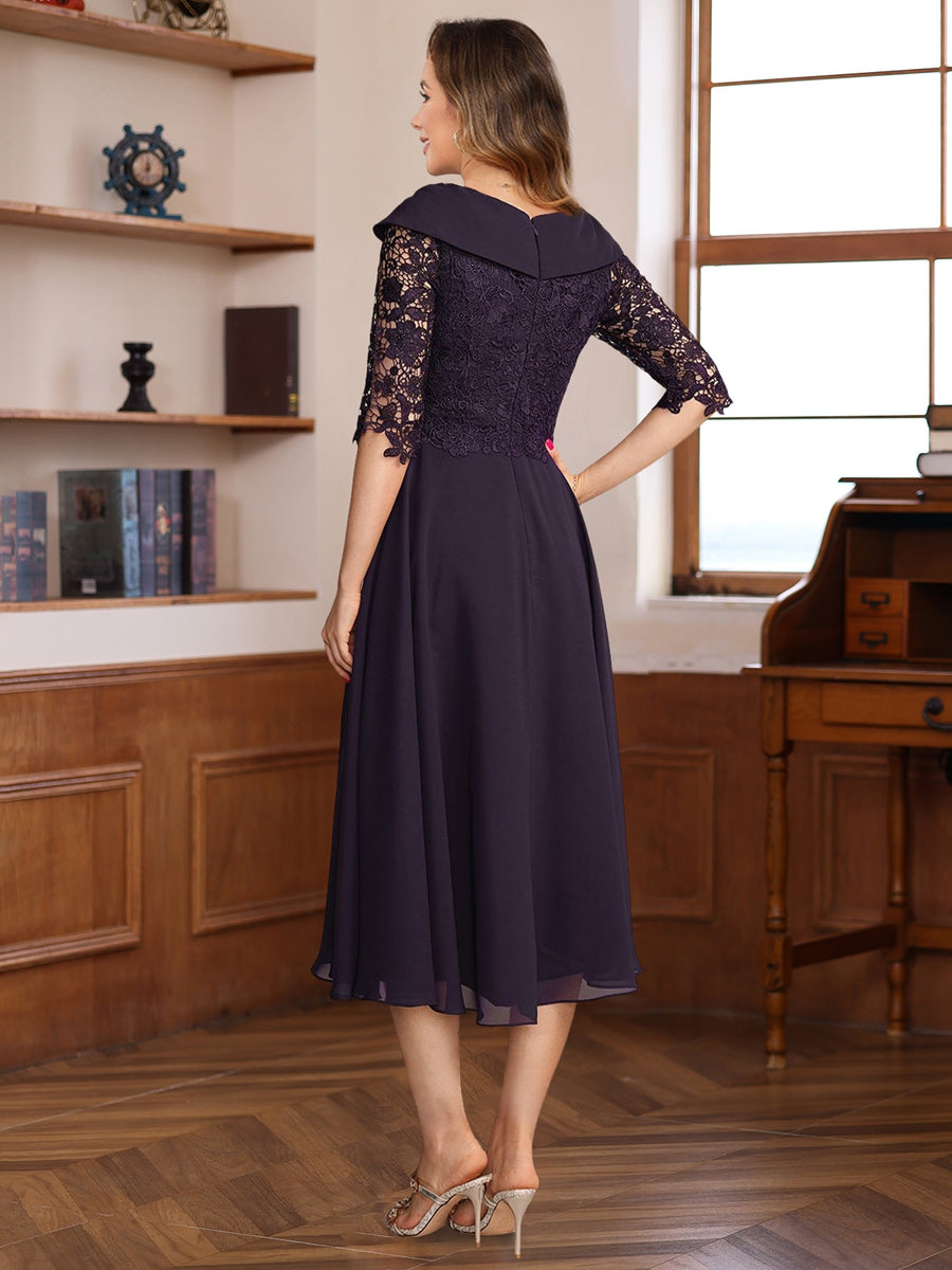 A Line Princess V Neck Half Sleeves Tea Length Mother Of The Bride Groom Dresses With Lace Appliques