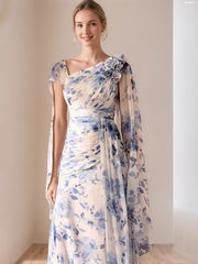 A Line Princess V Neck Pleated Printed Floral Mother Of The Bride Dresses With Ruffles 3D Flower