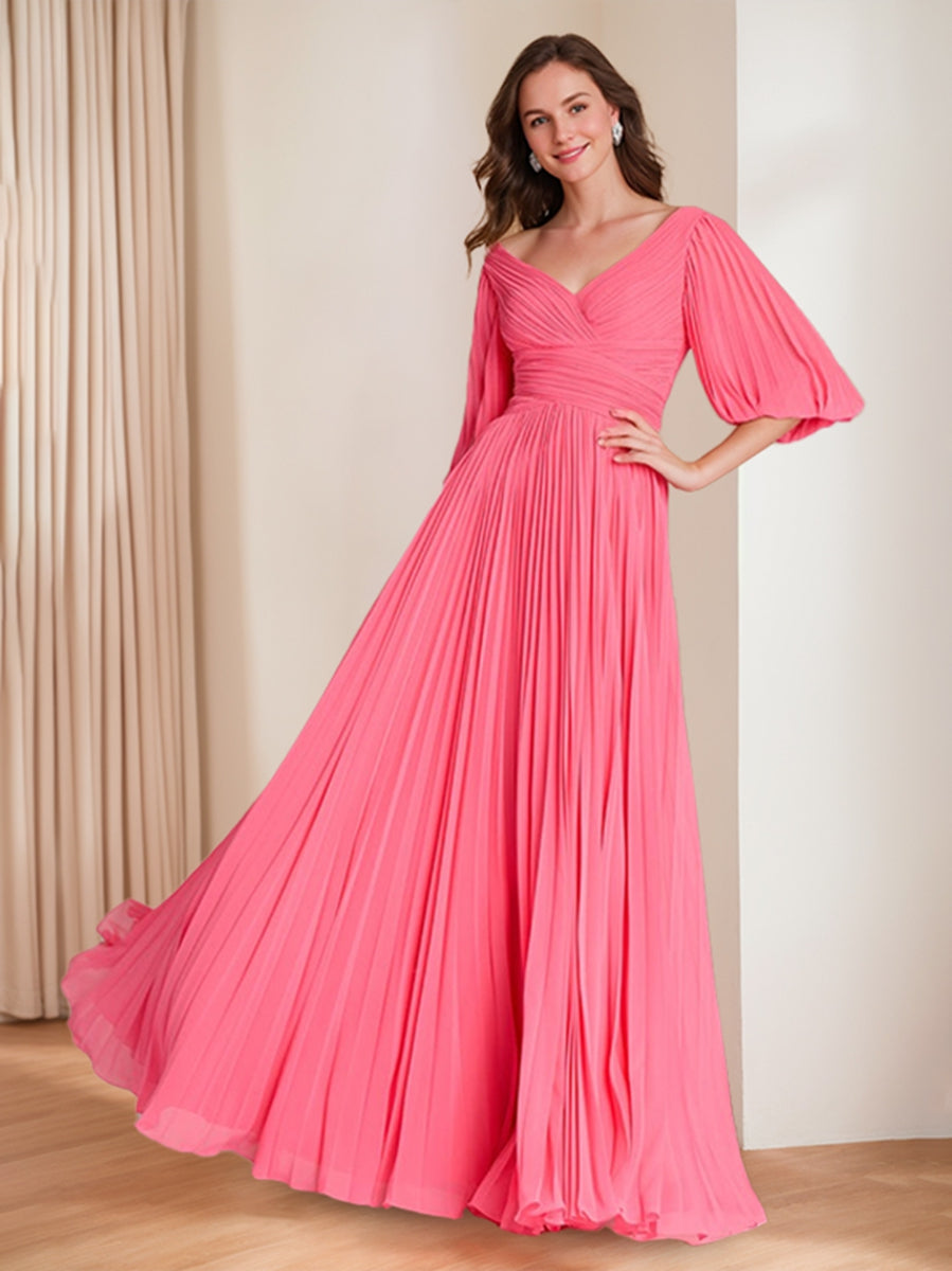A Line Princess V Neck 3 4 Sleeves Pleated Chiffon Chic Mother Of The Bride Groom Dresses