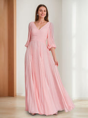 A Line Princess V Neck 3 4 Sleeves Pleated Chiffon Chic Mother Of The Bride Groom Dresses