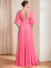 A Line Princess V Neck 3 4 Sleeves Pleated Chiffon Chic Mother Of The Bride Groom Dresses