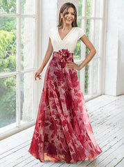 A Line Princess V Neck Short Sleeves Mother Of The Bride Dresses With Flower Ruches