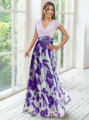 A Line Princess V Neck Short Sleeves Mother Of The Bride Dresses With Flower Ruches