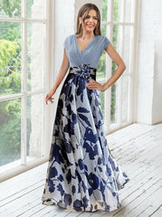 A Line/Princess V-Neck Short Sleeves Mother of the Bride Dresses With Flower & Ruches