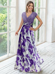 A Line/Princess V-Neck Short Sleeves Mother of the Bride Dresses With Flower & Ruches