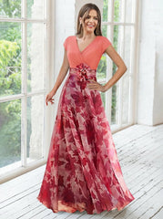 A Line Princess V Neck Short Sleeves Mother Of The Bride Dresses With Flower Ruches