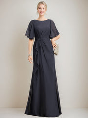 A Line Princess Jewel Neck Ruched Floor Length Mother Of The Bride Dresses With Ruffles Crystals Beads