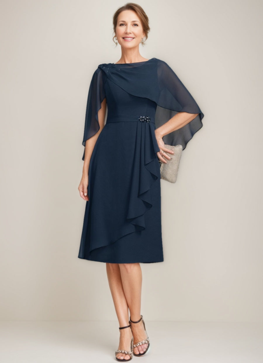 Sheath Column Jewel Neck Tea Length Mother Of The Bride Dresses With Detachable Cape Ruffles Beads