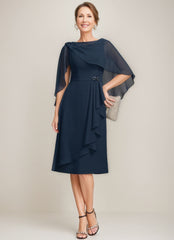 Sheath Column Jewel Neck Tea Length Mother Of The Bride Dresses With Detachable Cape Ruffles Beads