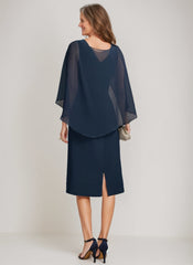 Sheath Column Jewel Neck Tea Length Mother Of The Bride Dresses With Detachable Cape Ruffles Beads