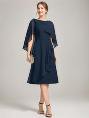 Sheath Column Jewel Neck Tea Length Mother Of The Bride Dresses With Detachable Cape Ruffles Beads
