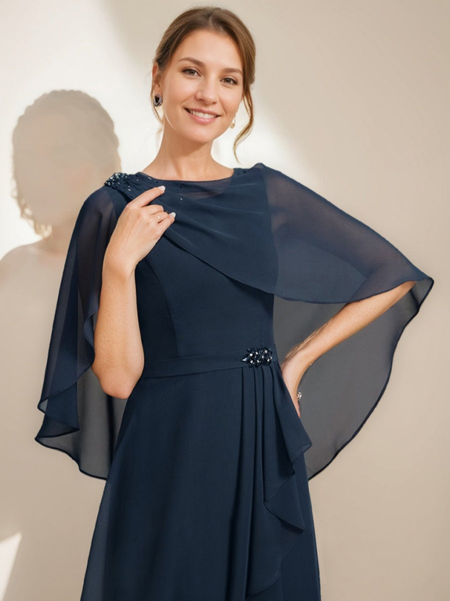 Sheath Column Jewel Neck Tea Length Mother Of The Bride Dresses With Detachable Cape Ruffles Beads