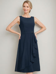 Sheath Column Jewel Neck Tea Length Mother Of The Bride Dresses With Detachable Cape Ruffles Beads