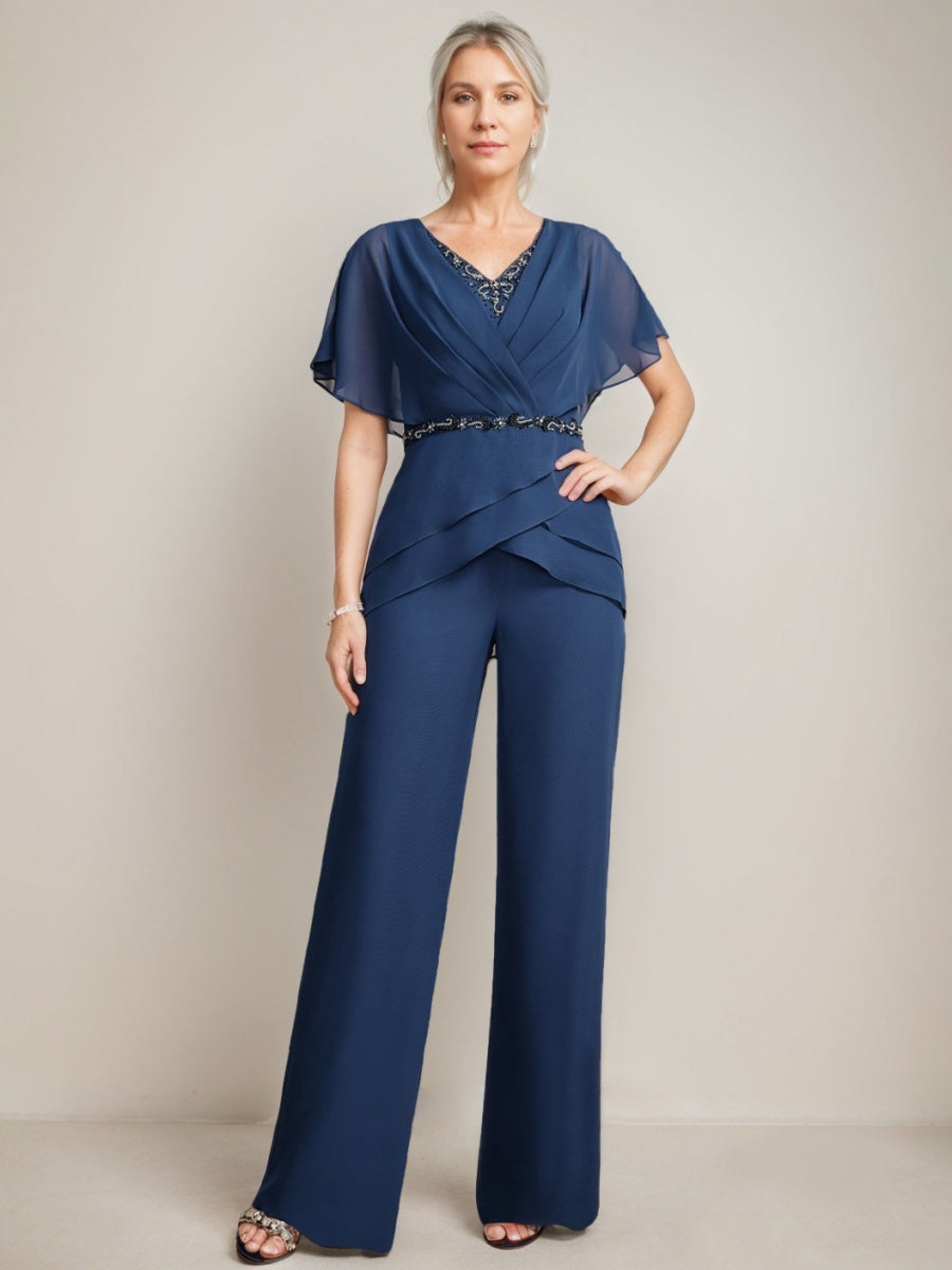2 Pieces V Neck Ruched Flutter Sleeves Floor Length Beading Mother Of The Bride Pantsuits