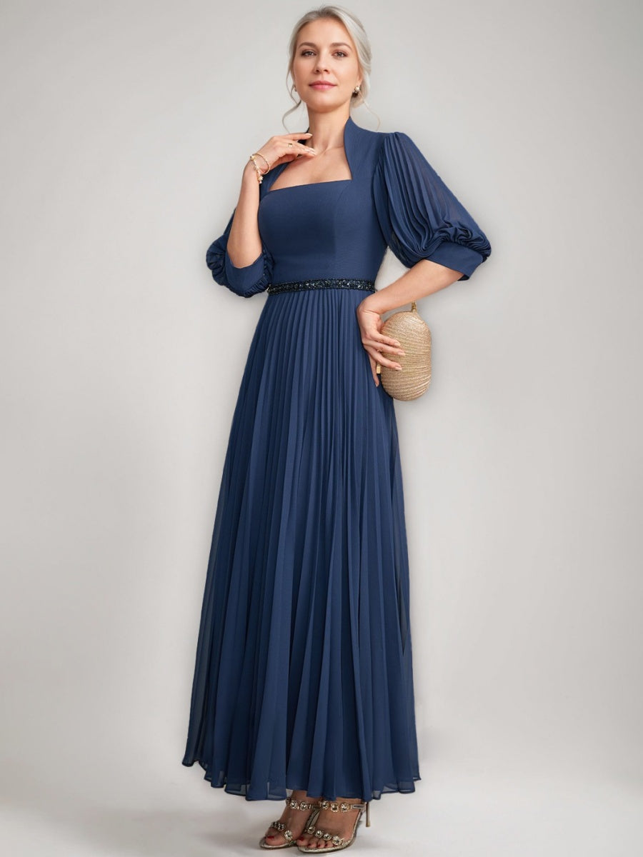 A Line Princess Queen Anne Neckline Ankle Length Pleated Mother Of The Bride Dresses With Sequins Beads