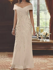 Sheath Column Off The Shoulder Floor Length Mother Of The Bride Dresses With Sequins Beading