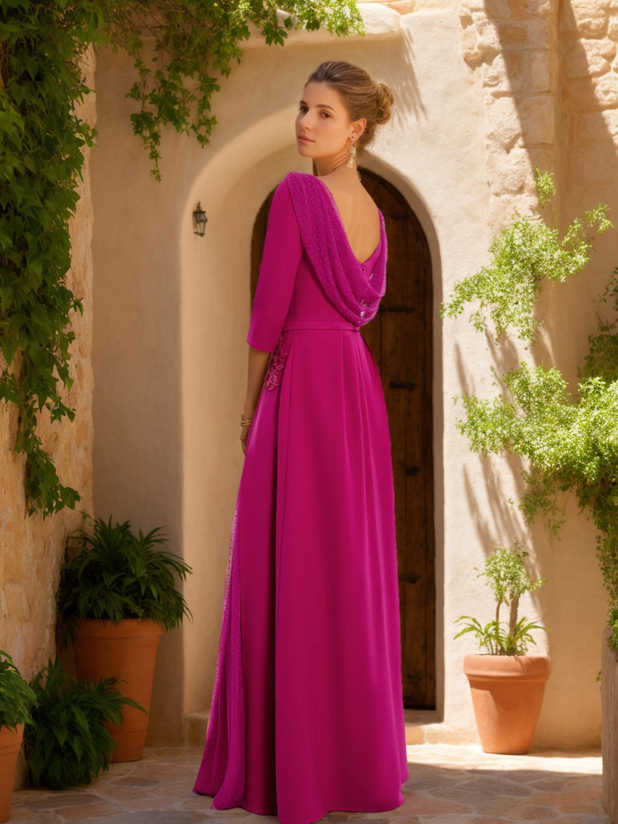 Sheath Column Cowl Neck 3 4 Sleeves Floor Length Mother Of The Bride Dresses With Tulle Sash Slit Jewel Appliques