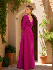 Sheath Column Cowl Neck 3 4 Sleeves Floor Length Mother Of The Bride Dresses With Tulle Sash Slit Jewel Appliques