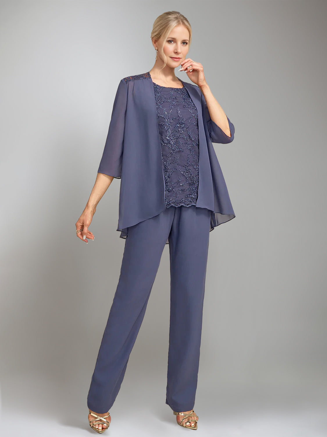 3 Pieces Scoop Sleeveless Floor Length Mother Of The Bride Pantsuits With Jacket