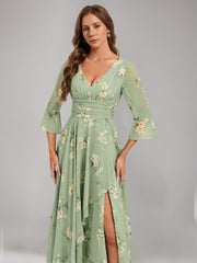 A Line Princess V Neck 3 4 Sleeves Floor Length Ruched Printed Floral Pleated Mother Of The Bride Dresses With Ruffles Slit