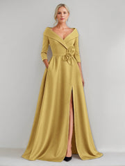 A Line Princess V Neck 3 4 Sleeves Floor Length Mother Of The Bride Dresses With 3D Flowers Pocket Slit