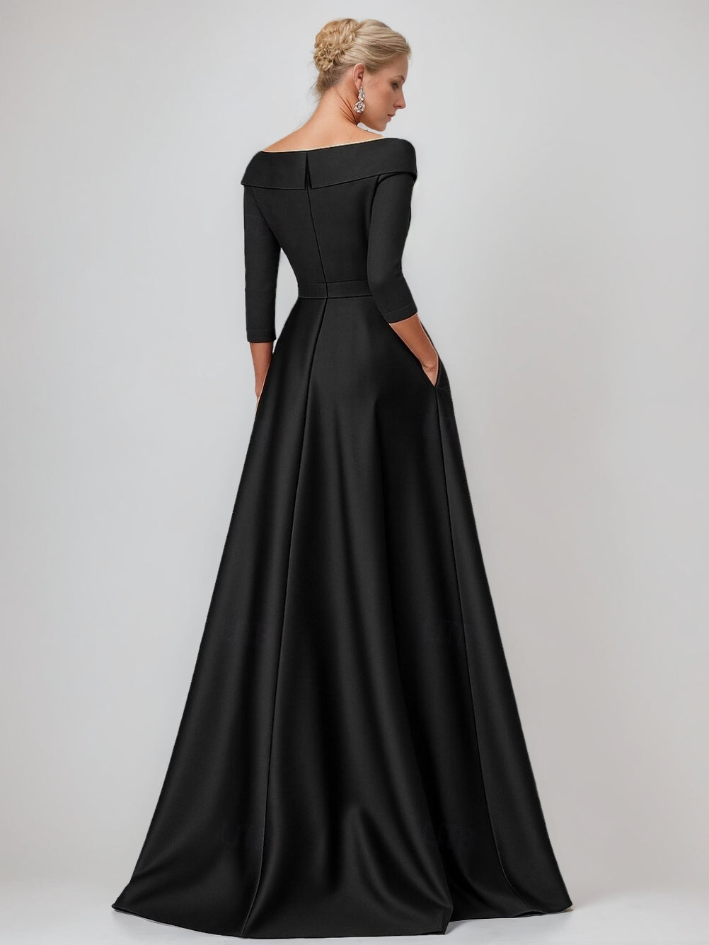 A Line Princess V Neck 3 4 Sleeves Floor Length Mother Of The Bride Dresses With 3D Flowers Pocket Slit