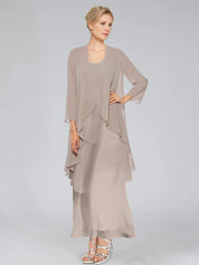 Sheath Column Tiered Scoop Sleeveless Ankle Length Mother Of The Bride Dresses With Jacket Ruffles