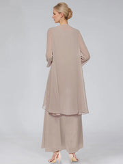 Sheath Column Tiered Scoop Sleeveless Ankle Length Mother Of The Bride Dresses With Jacket Ruffles