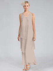 Sheath Column Tiered Scoop Sleeveless Ankle Length Mother Of The Bride Dresses With Jacket Ruffles