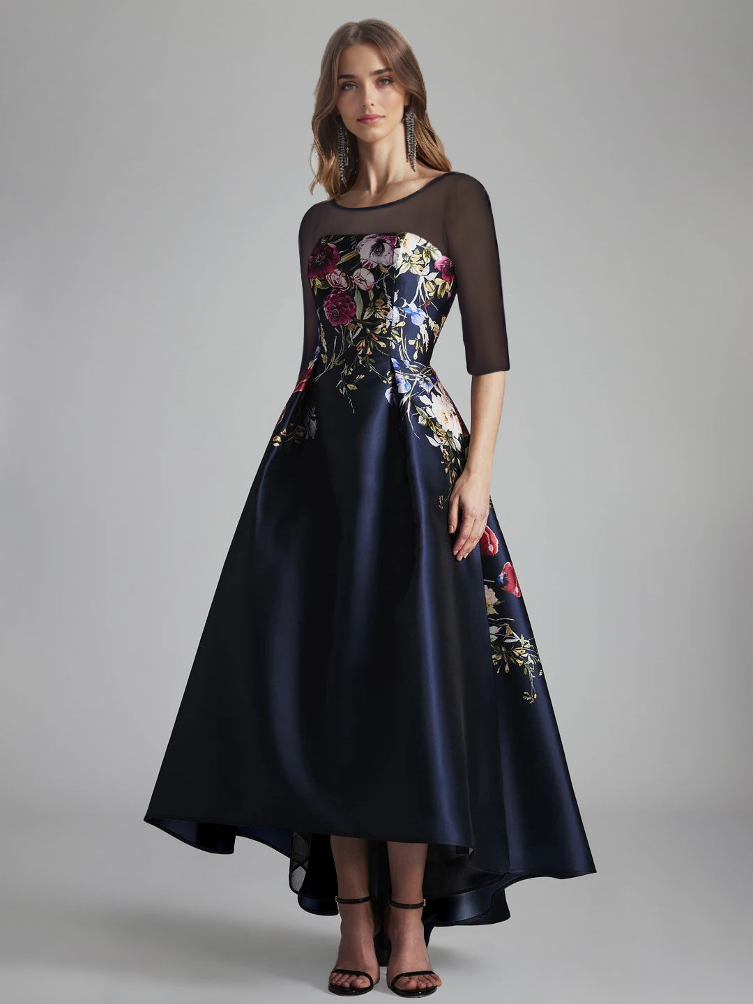 A Line Princess Scoop Half Sleeves Asymmetrical Printed Floral Pleated Mother Of The Bride Dresses With Tulle
