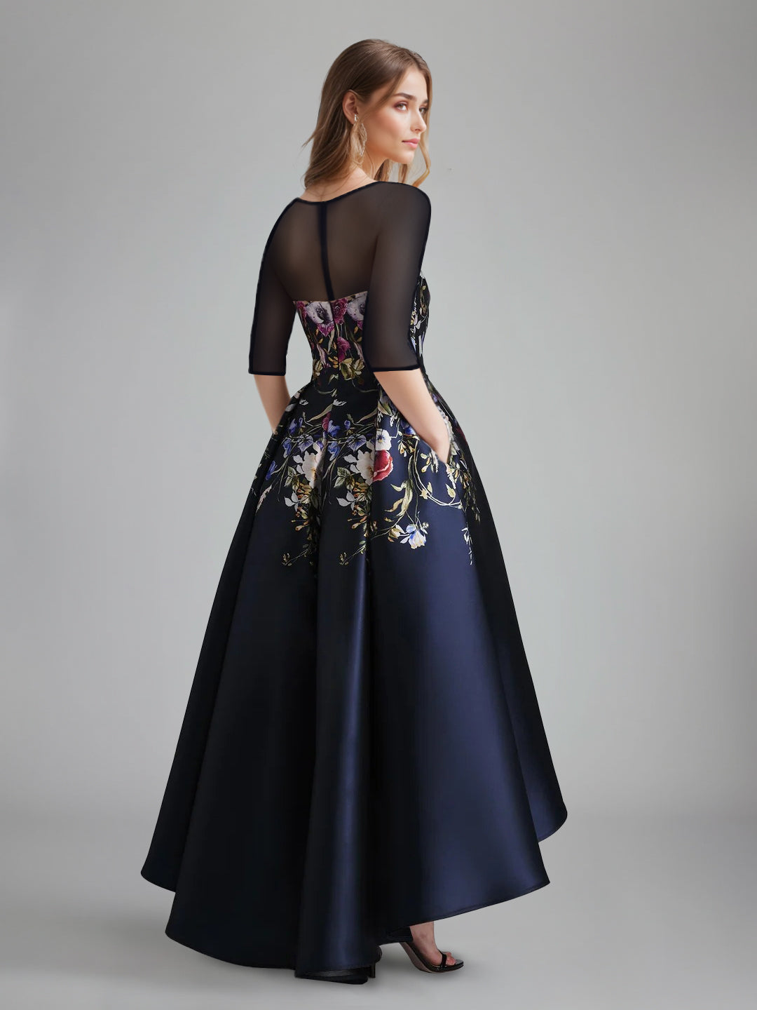 A Line Princess Scoop Half Sleeves Asymmetrical Printed Floral Pleated Mother Of The Bride Dresses With Tulle