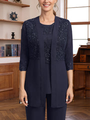 3 Pieces Scoop Half Sleeves Floor Length Mother Of The Bride Pantsuits With Appliques Sequins Jacket