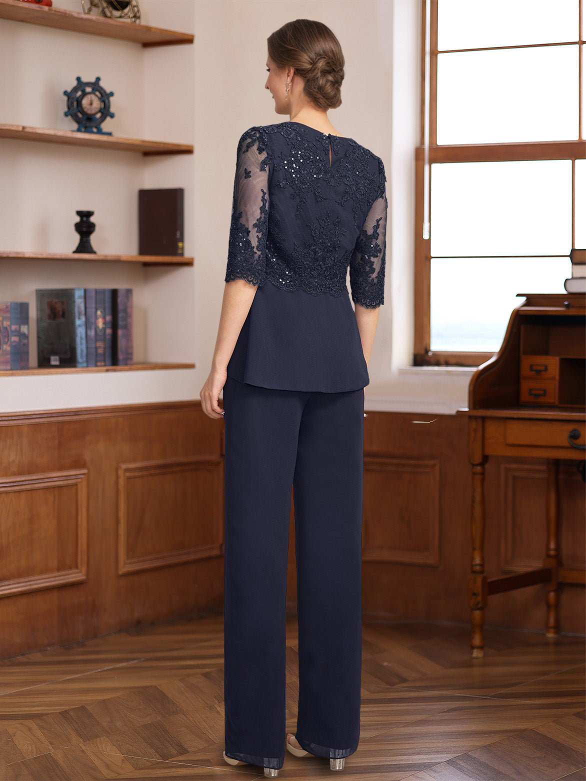 3 Pieces Scoop Half Sleeves Floor Length Mother Of The Bride Pantsuits With Appliques Sequins Jacket