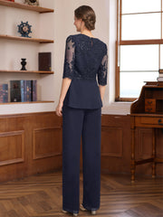3 Pieces Scoop Half Sleeves Floor Length Mother Of The Bride Pantsuits With Appliques Sequins Jacket