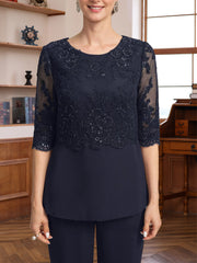 3 Pieces Scoop Half Sleeves Floor Length Mother Of The Bride Pantsuits With Appliques Sequins Jacket