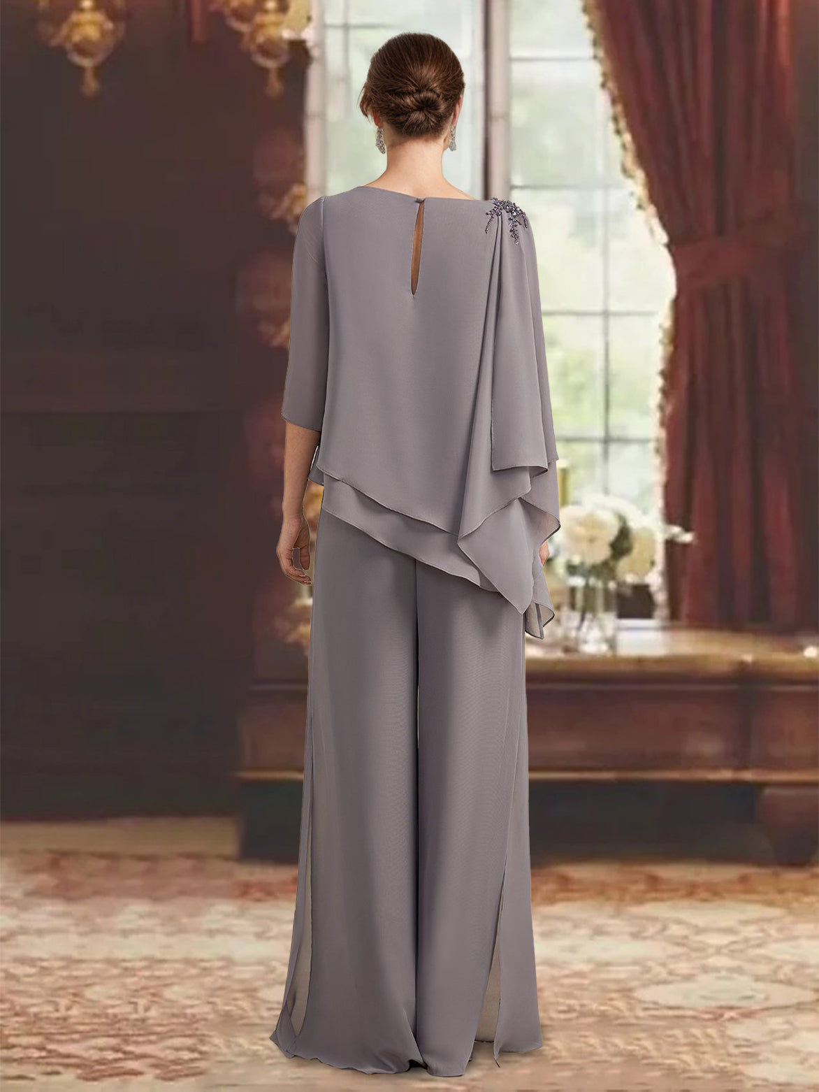 2 Pieces Scoop 3 4 Sleeves Floor Length Mother Of The Bride Pantsuits With Jewel Appliques