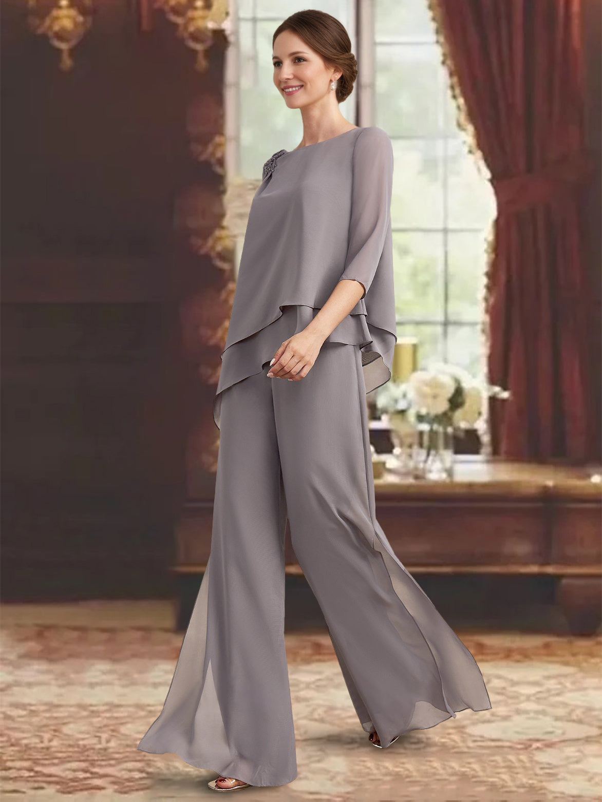 2 Pieces Scoop 3 4 Sleeves Floor Length Mother Of The Bride Pantsuits With Jewel Appliques