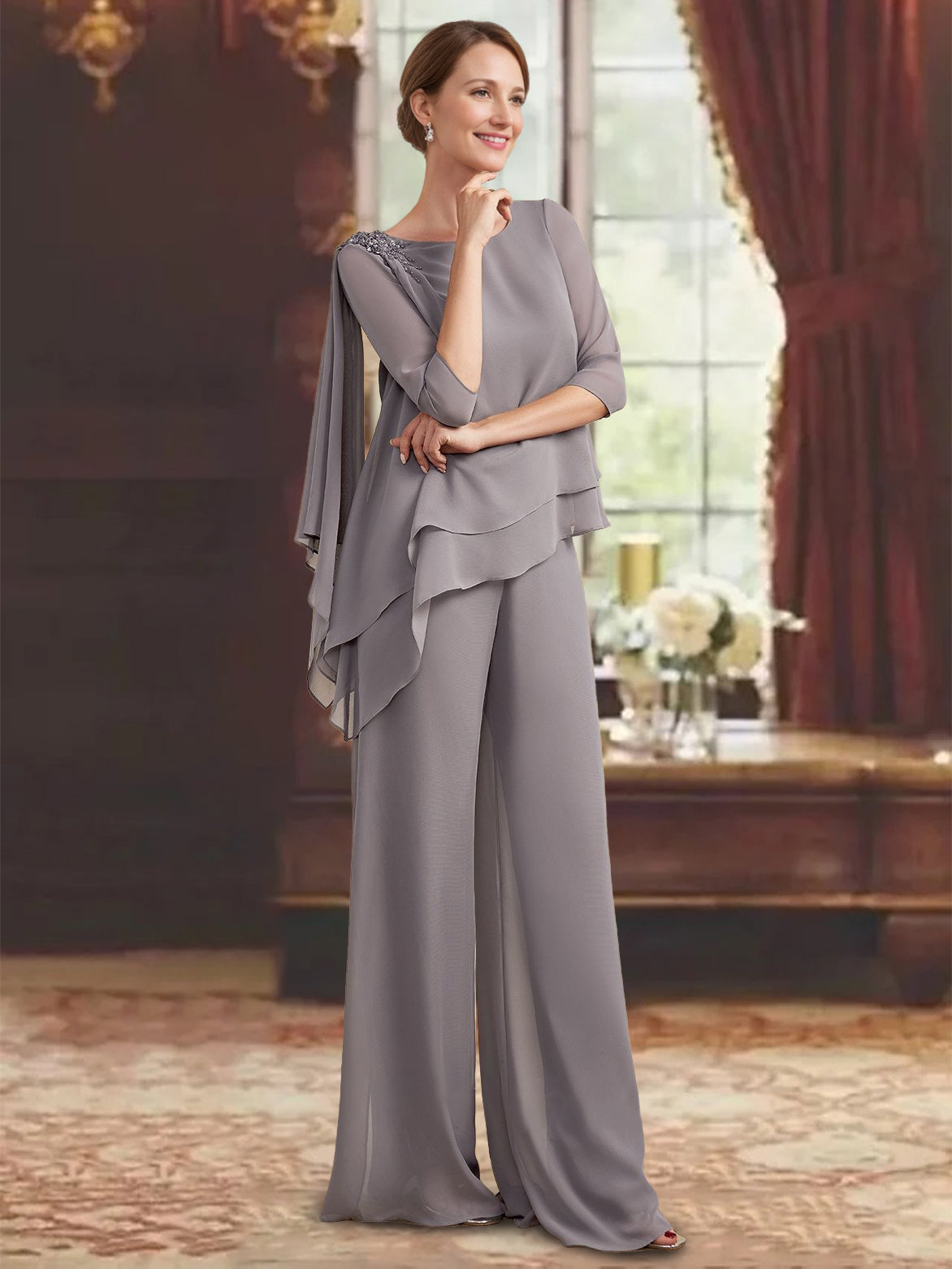2 Pieces Scoop 3 4 Sleeves Floor Length Mother Of The Bride Pantsuits With Jewel Appliques