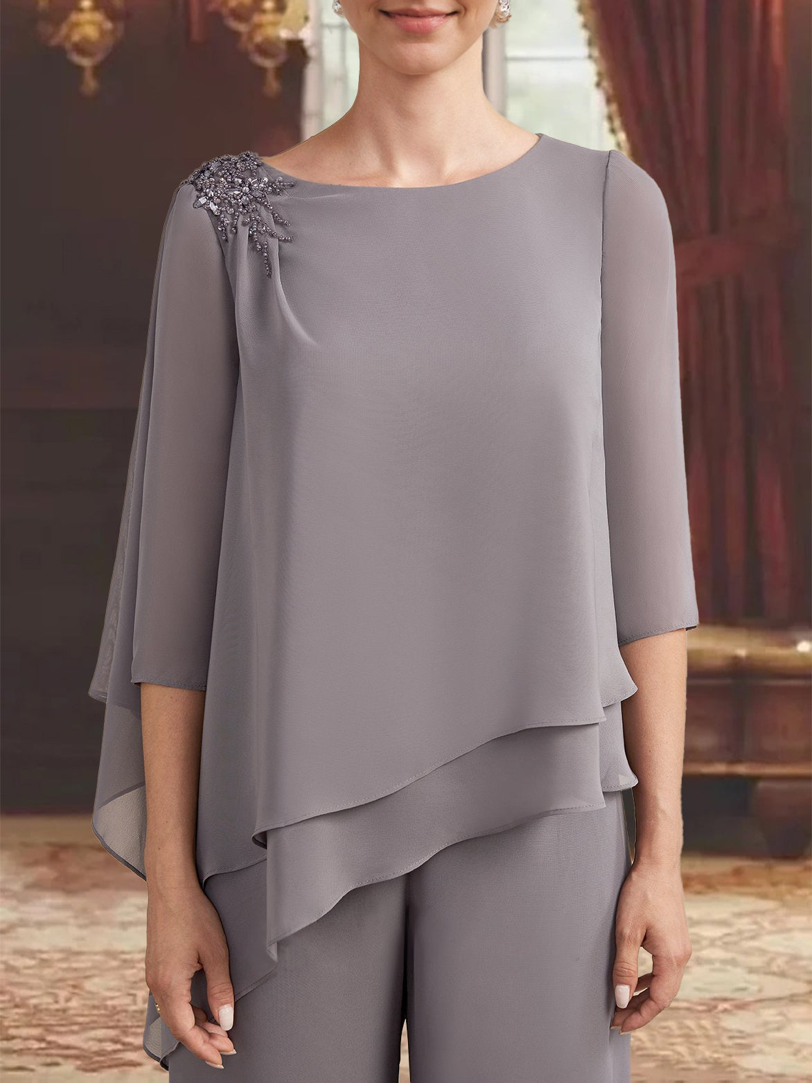 2 Pieces Scoop 3 4 Sleeves Floor Length Mother Of The Bride Pantsuits With Jewel Appliques